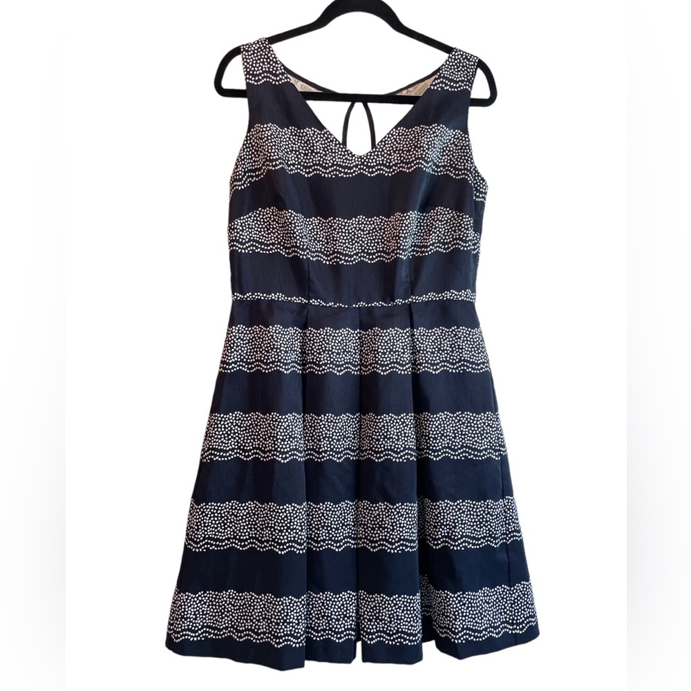 Julian Taylor sleeveless pleated dress, navy blue and white, size 12